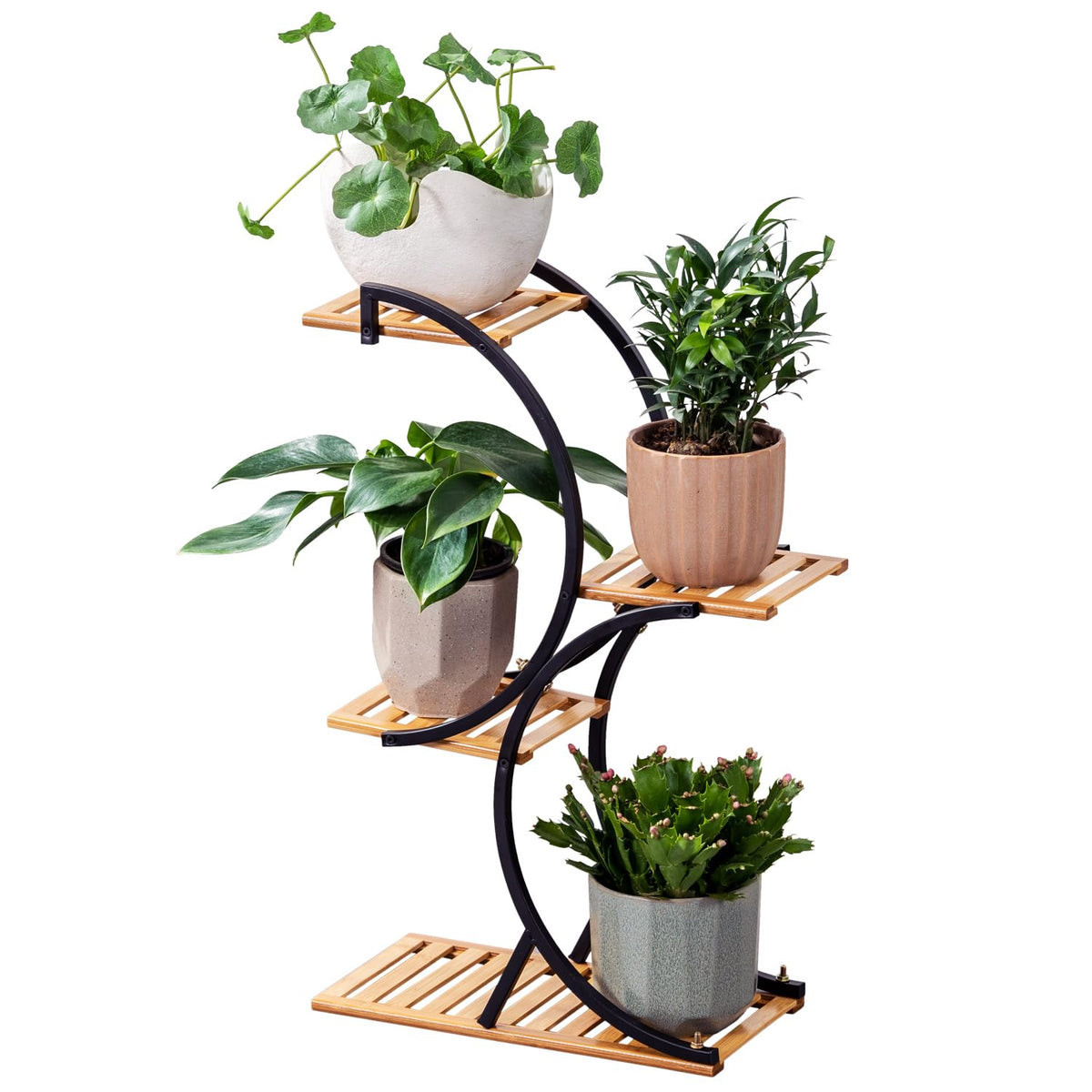 COPREE Bamboo 4-Tier Plant Stand on patio showcases space-saving display