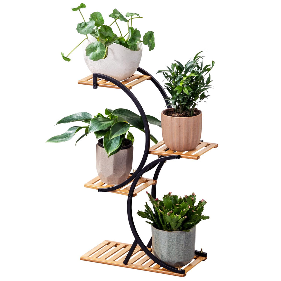 COPREE Bamboo 4-Tier Plant Stand on patio showcases space-saving display