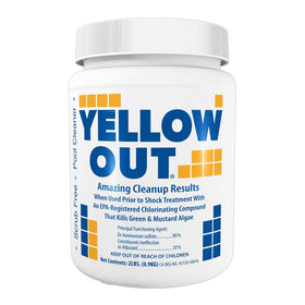 Coral Seas Yellow Out bottle pouring into pool to boost algae control during shock