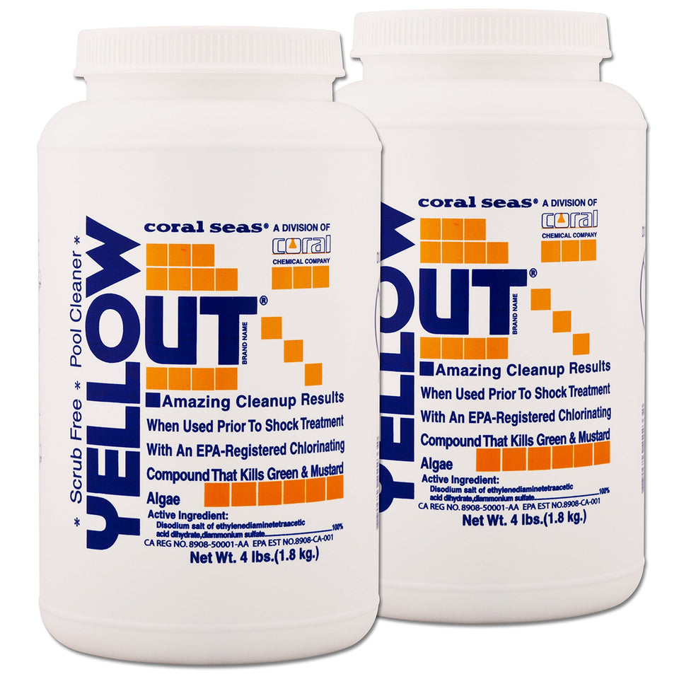 Coral Seas Yellow Out pool shock powder dissolving quickly for algae control and clarity