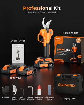 Coranex pruning shears LCD display shows battery and cutting count.