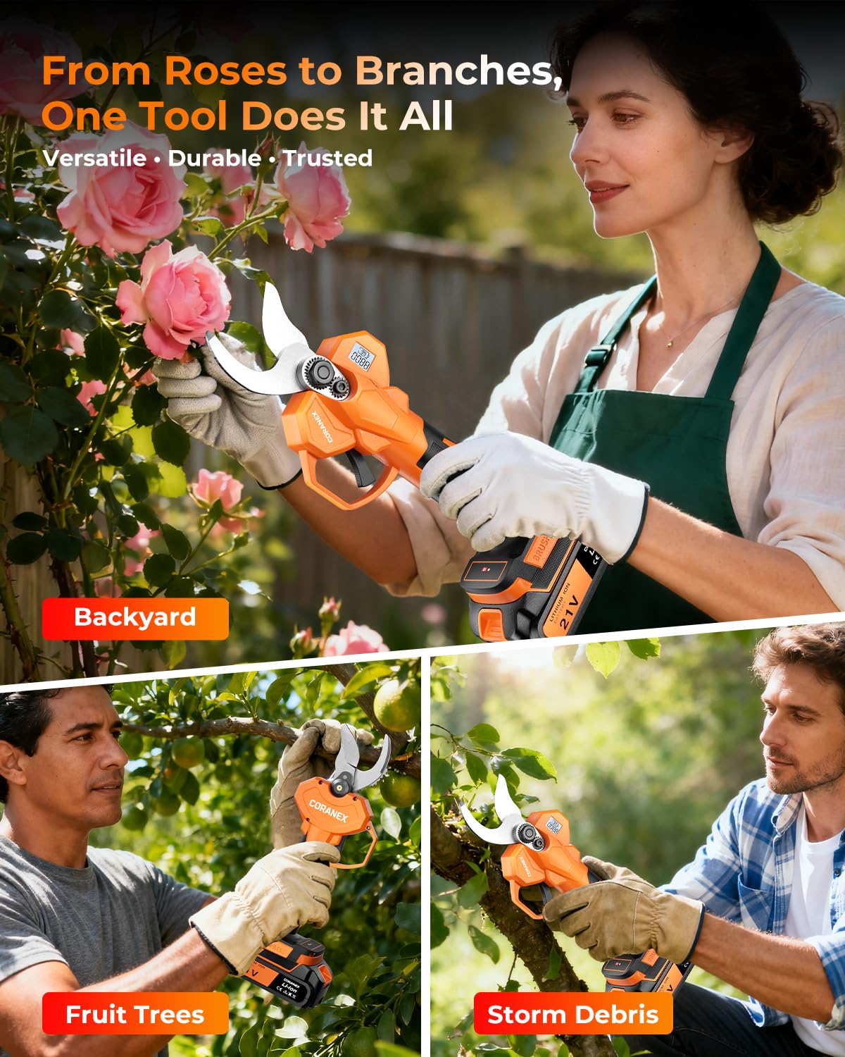 Coranex pruning shears safety double-click trigger prevents accidental starts.