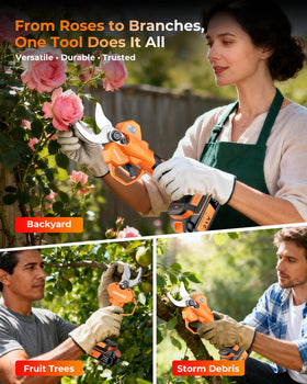 Coranex pruning shears safety double-click trigger prevents accidental starts.