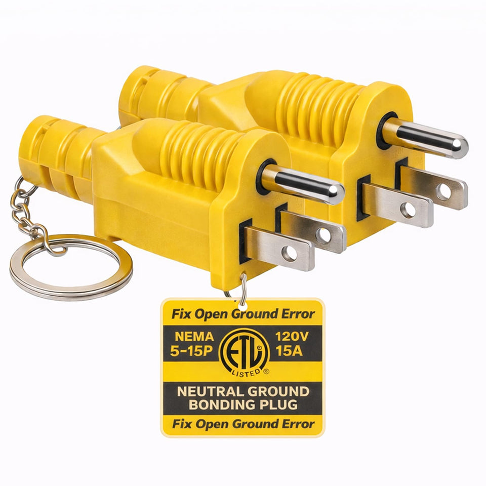 CORDMITPRO neutral ground bonding plug inserted into a generator outlet to fix floating ground for RVs.