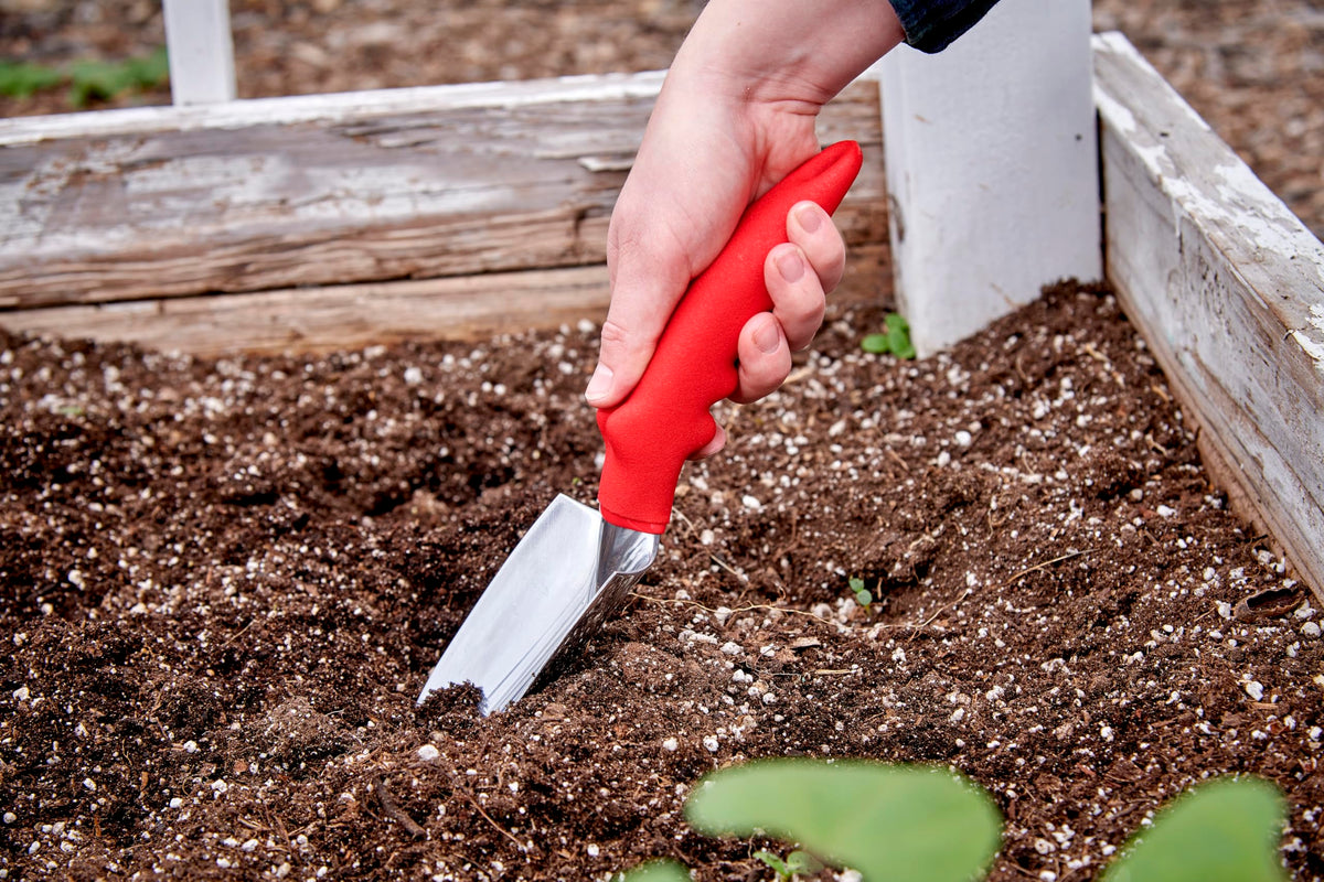 Corona Comfort Trowel in raised bed ideal for transplanting seedlings