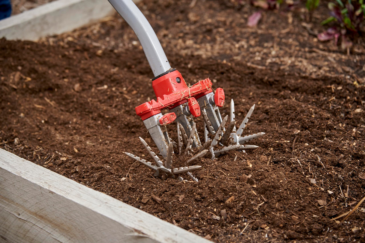 Corona DiscCULTIVATOR detachable tines enable quick switching between tasks like weeding and aerating.