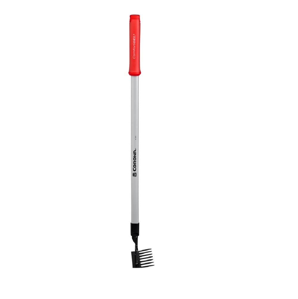 Corona GT 3234 extended reach rake clears leaves around beds with precision.