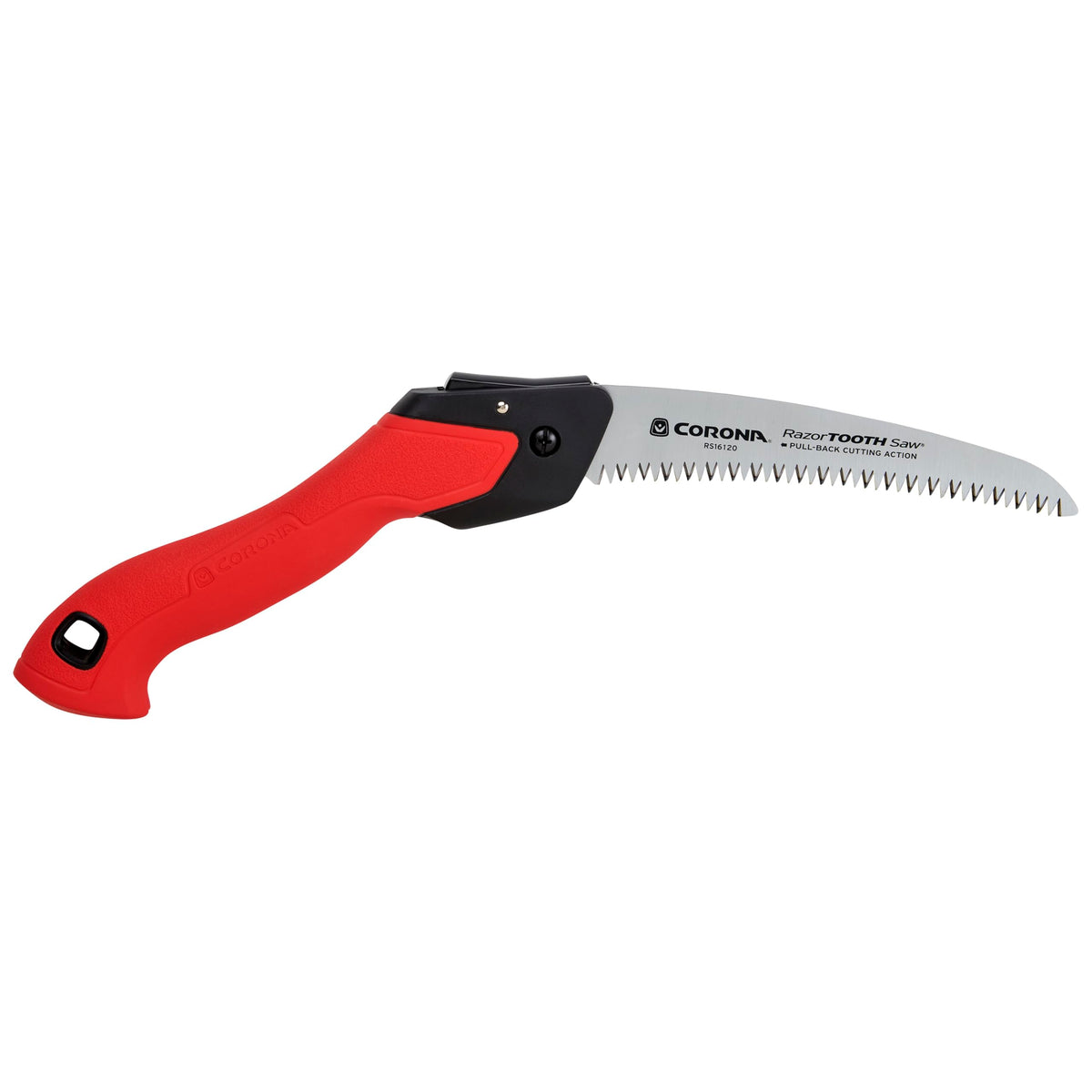 Corona RazorTOOTH folding pruning saw close-up shows fast-cut blade for quick pruning.
