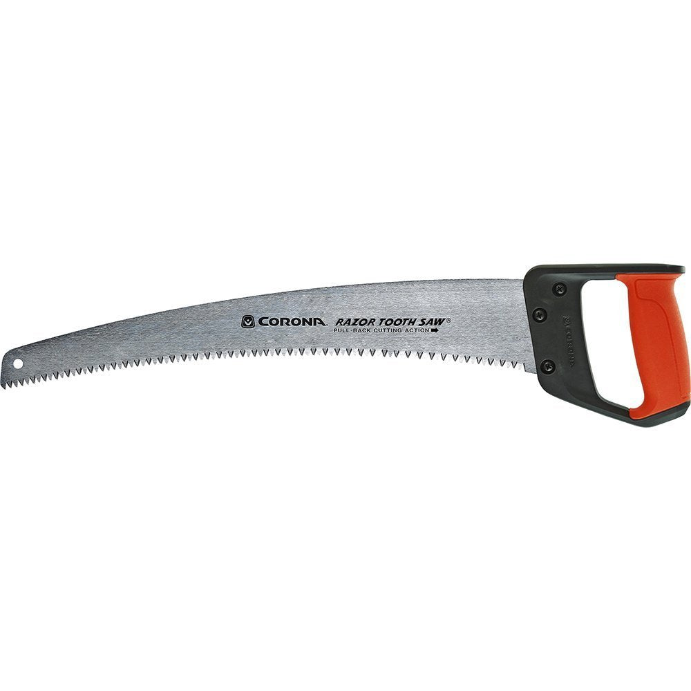 Corona RazorTOOTH pruning saw with 18-inch curved blade for efficient branch cutting.