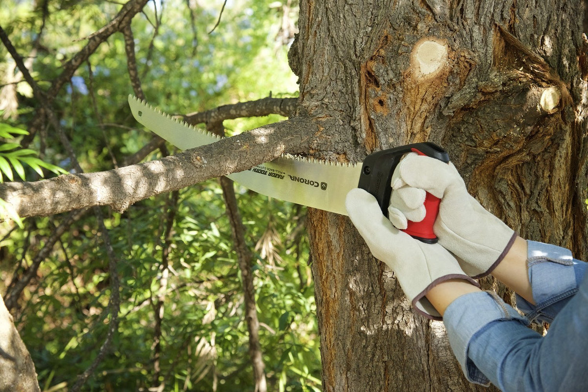 Corona RazorTOOTH pruning saw with D-handle supports glove-friendly two-handed use.
