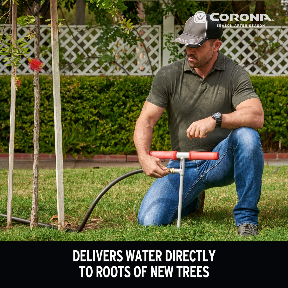 Corona RootIRRIGATOR inserted at the plant base to minimize surface runoff.