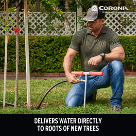 Corona RootIRRIGATOR inserted at the plant base to minimize surface runoff.