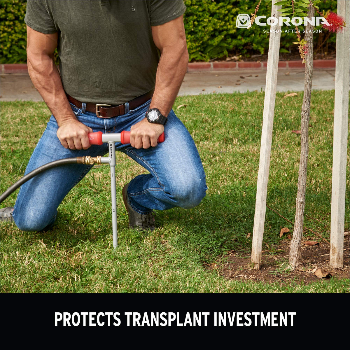 Corona RootIRRIGATOR assists efficient watering in dry soil conditions.
