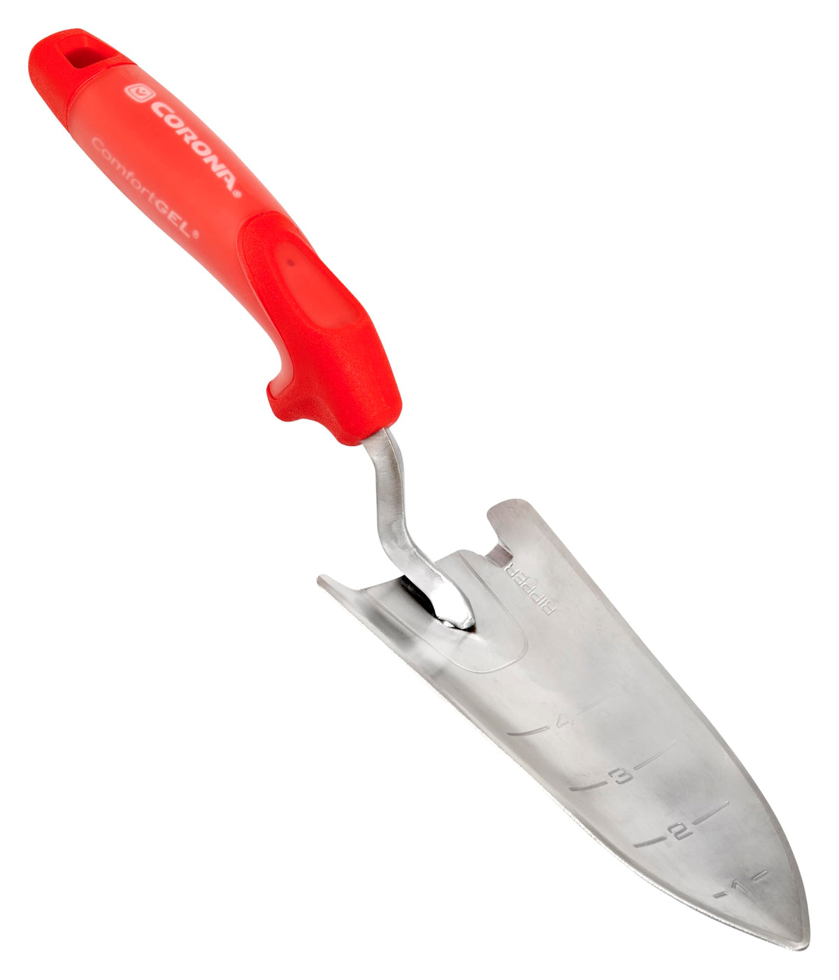 Corona Tools premium stainless steel ComfortGEL trowel blade close-up highlighting rust resistance for durable digging.
