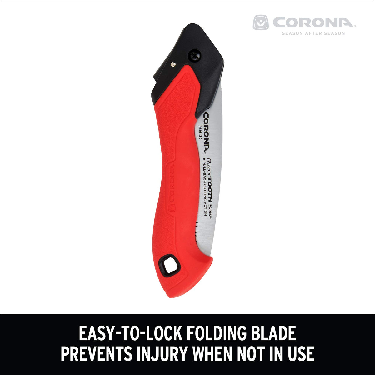 Corona RazorTOOTH pruning saw ready for garden bag use.