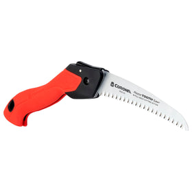 Corona RazorTOOTH pruning saw trims a tree branch in the yard.