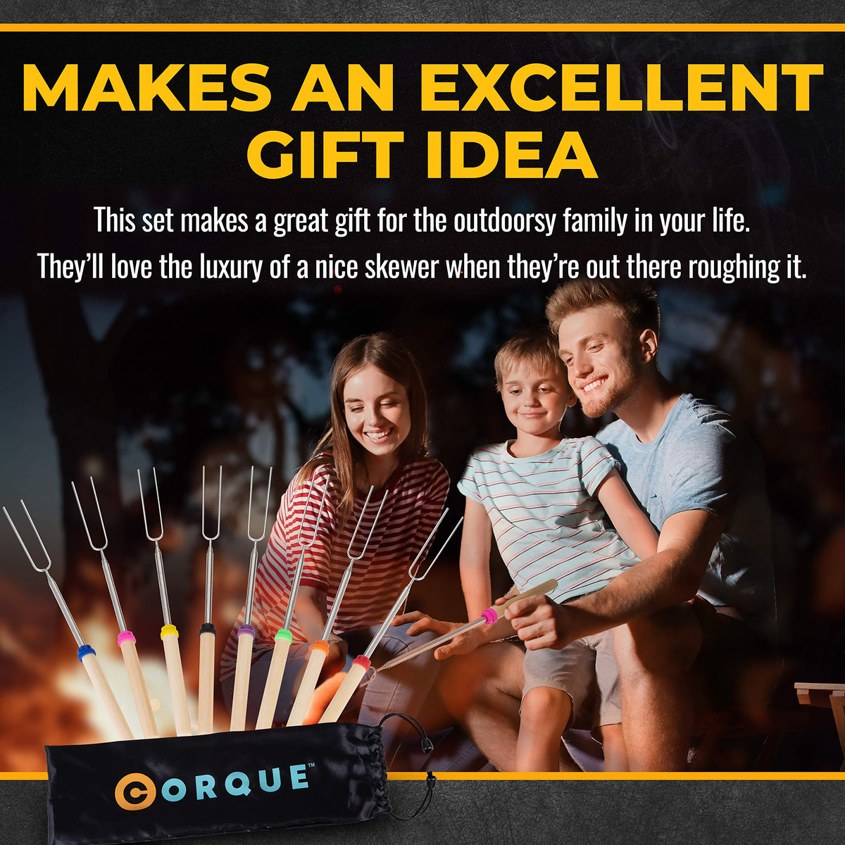 CORQUE backyard campfire setup with an 8-piece roasting stick set