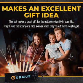 CORQUE backyard campfire setup with an 8-piece roasting stick set