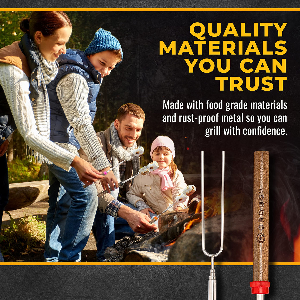 CORQUE kid-safe roasting sticks keeping kids at a safe distance.