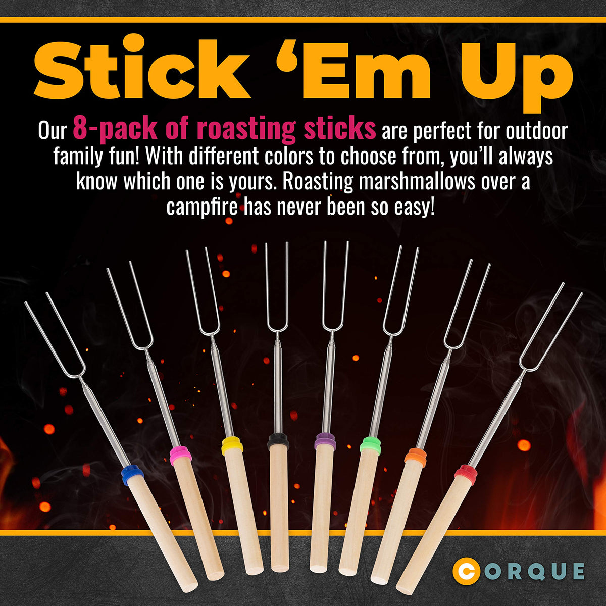 CORQUE smores skewers with stainless steel tips for even heating and easy cleanup
