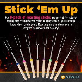 CORQUE smores skewers with stainless steel tips for even heating and easy cleanup