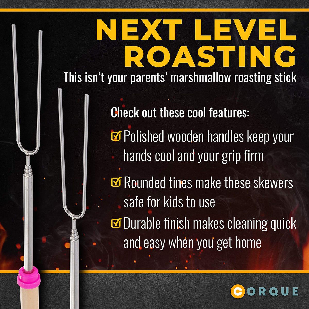 CORQUE telescoping campfire sticks extended and ready for storage