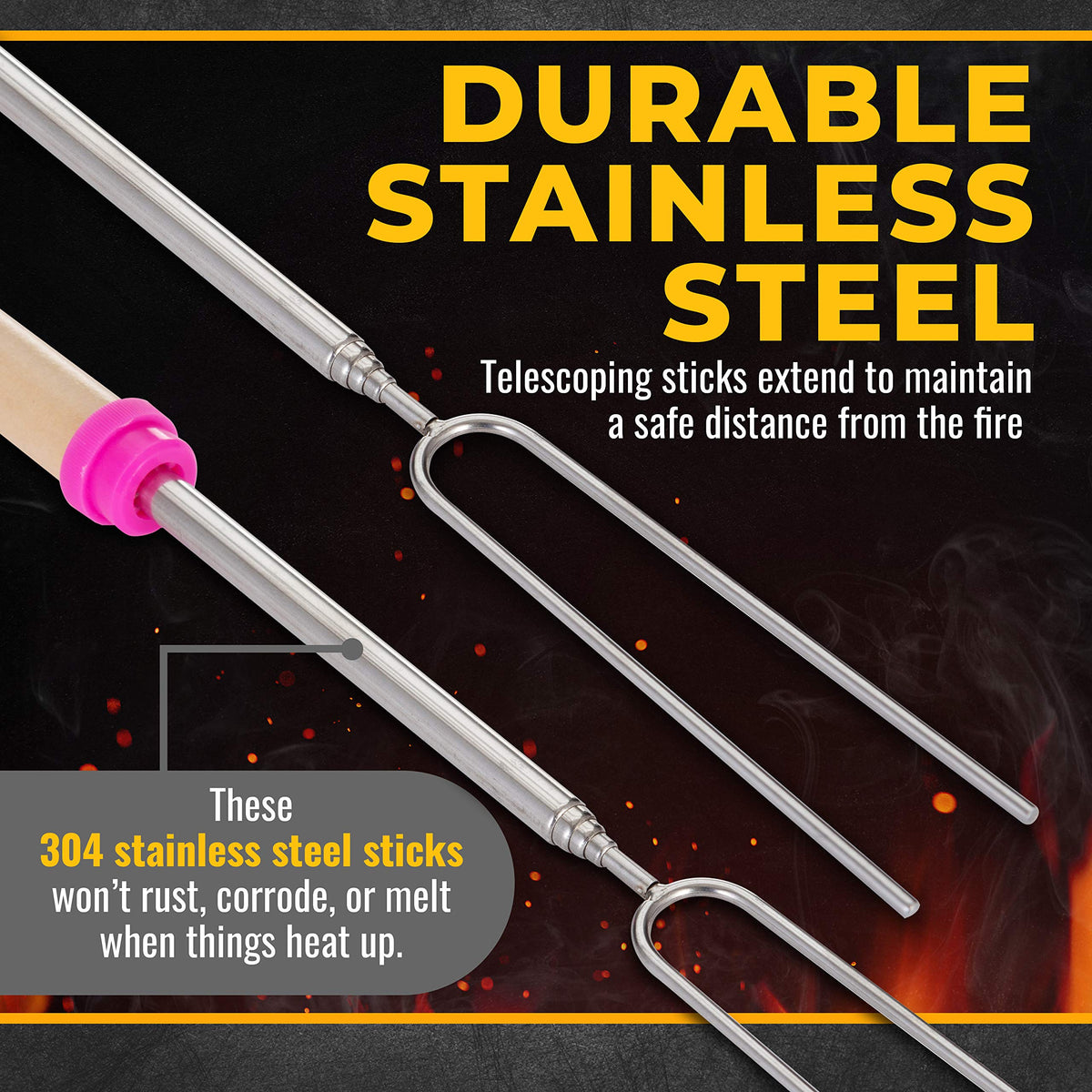 CORQUE wooden-handle roasting sticks showing comfortable, heat-safe grip