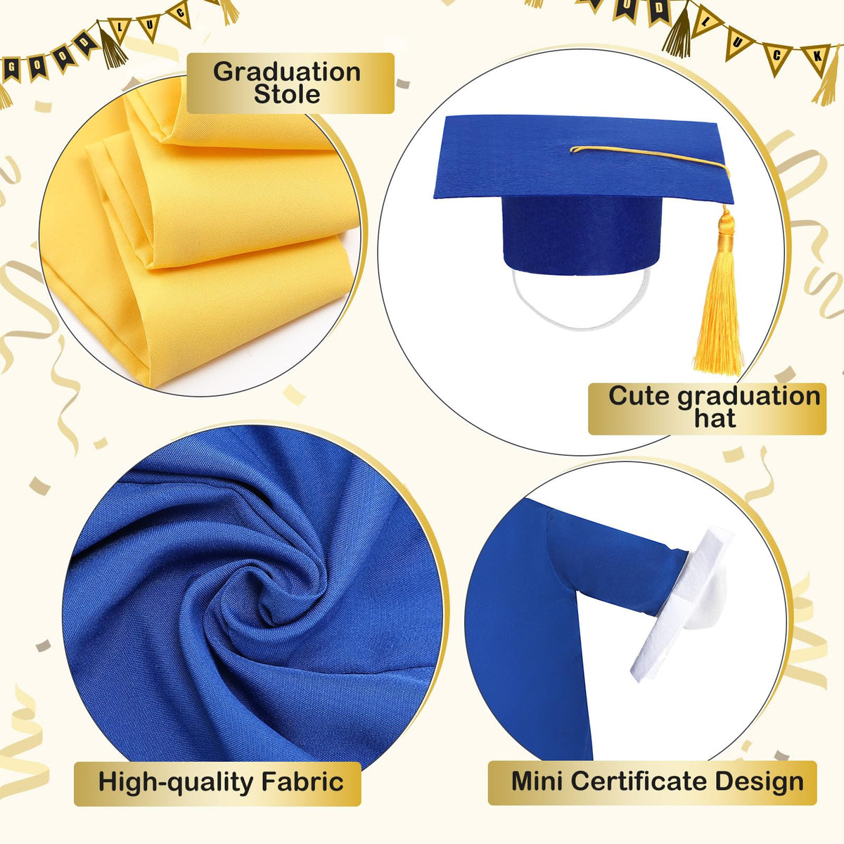 Cosblank gold stoles complement blue gown for yard decor
