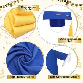 Cosblank gold stoles complement blue gown for yard decor