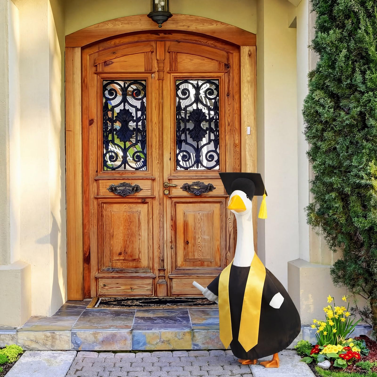 Cosblank graduation outfit on a 23-inch goose for ready-made decor.