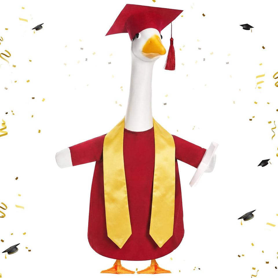 Cosblank wine red graduation goose hat adds festive flair to lawn geese, ideal for outdoor display.