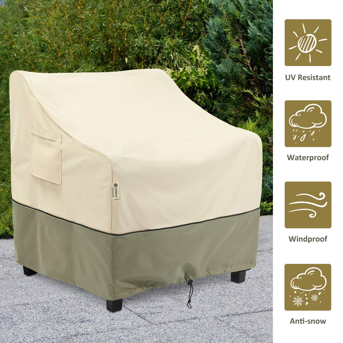 COSFLY chair cover shows four buckle straps for a secure hold.