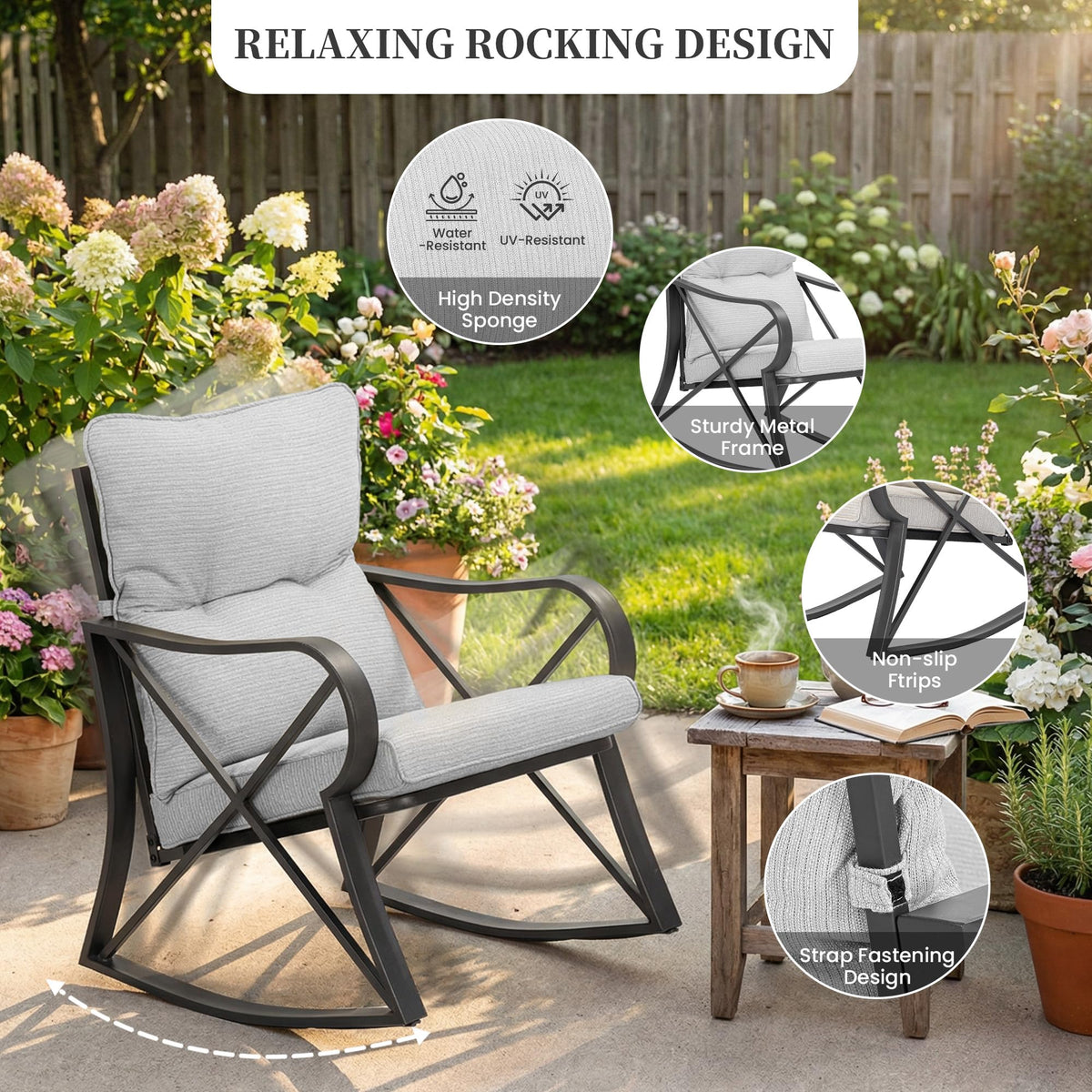 COSIEST warm-gray cushions stay colorfast in sun and rain