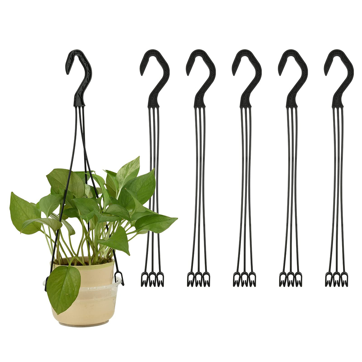 Cosmos 6-piece plastic hanging basket hooks for space-saving plant displays.