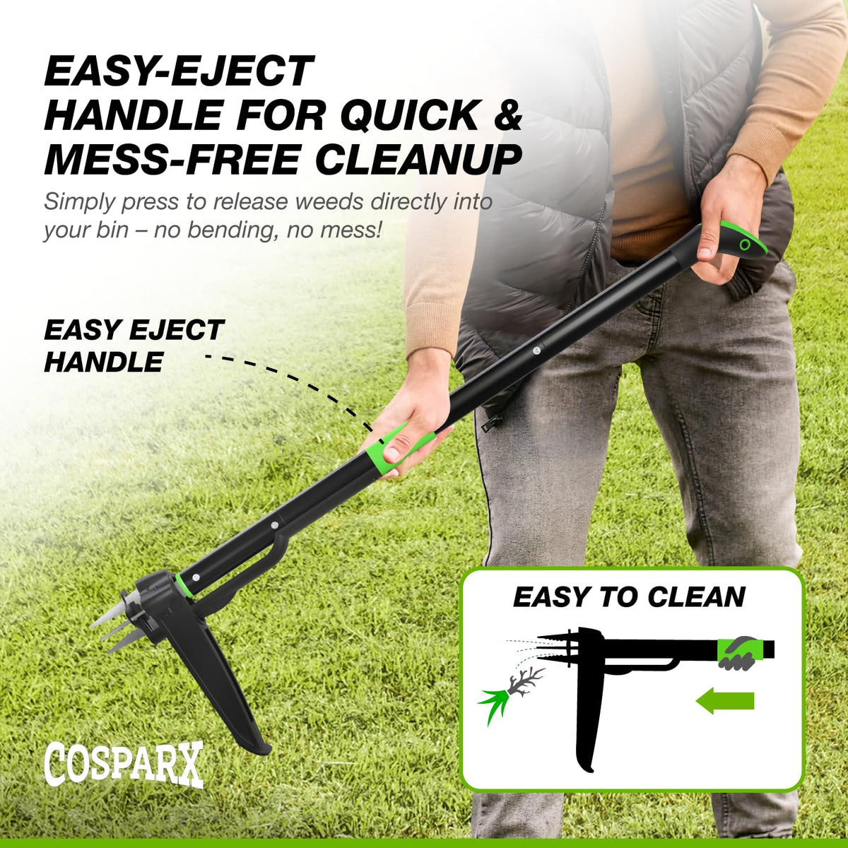 COSPARX weed puller 4-claw head provides firm grip for rooted weeds.