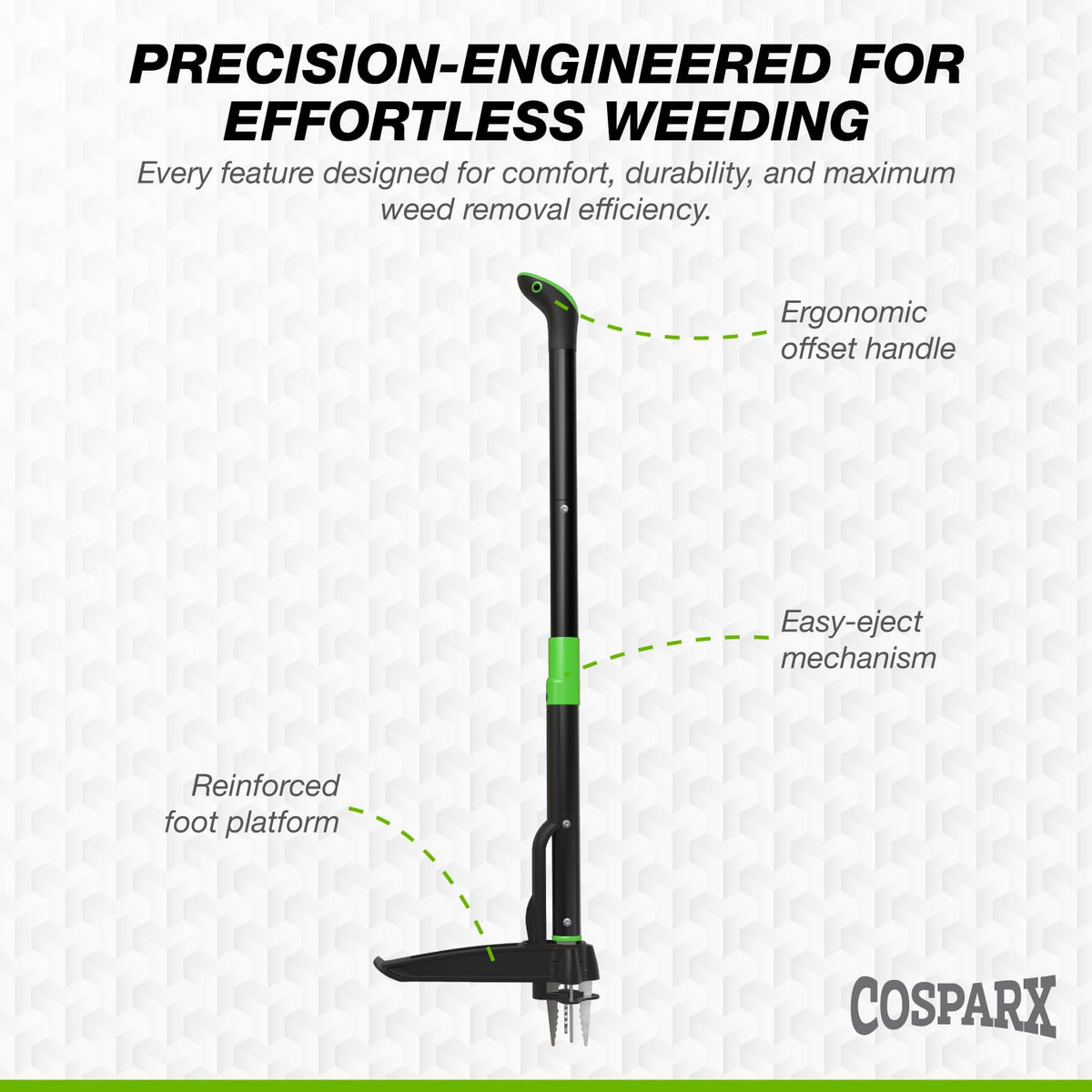 COSPARX weed puller eject mechanism releases weeds with a simple press.