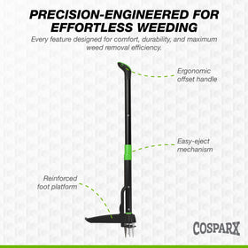 COSPARX weed puller eject mechanism releases weeds with a simple press.
