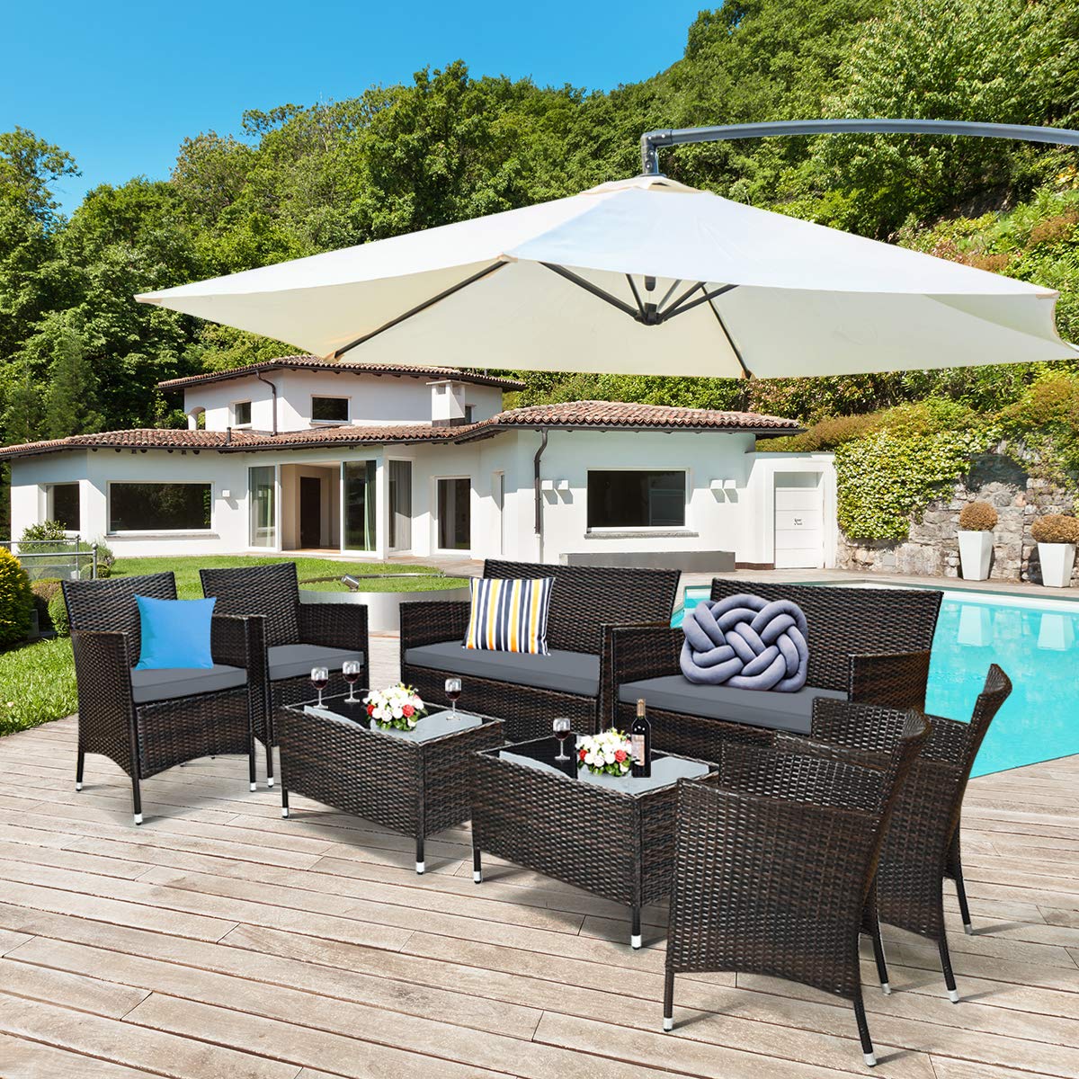 Costway outdoor sofa and loveseat with ergonomic back support for relaxed lounging.