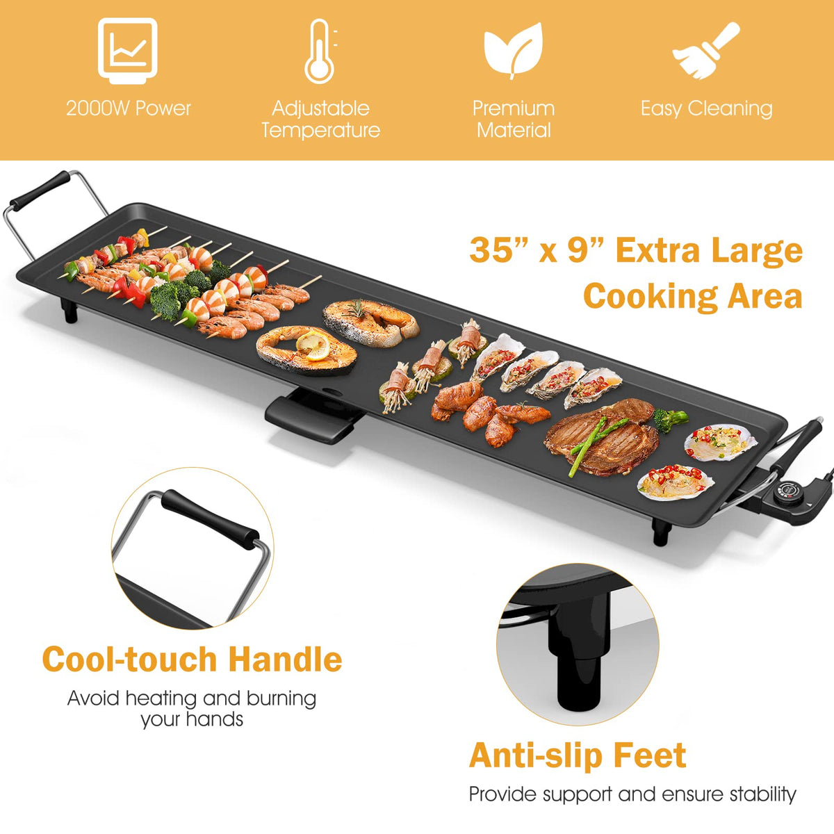 Costzon 35-inch electric griddle with 5-level thermostat for precise heat control