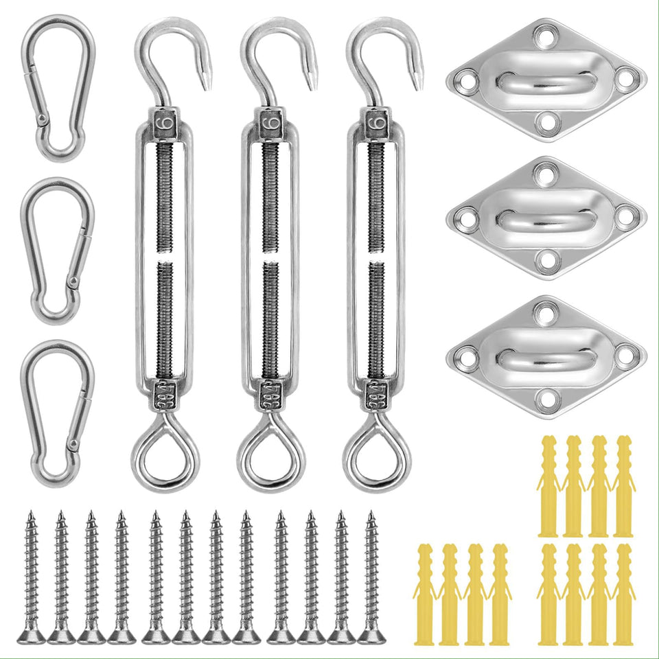 Cosweet 33-pcs sun shade hardware kit box content for porch installation.