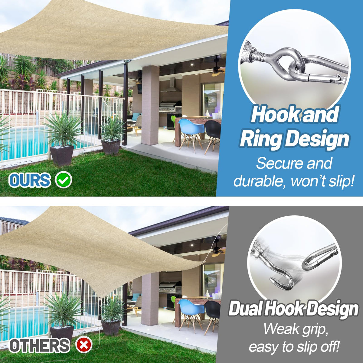 Cosweet carabineer-hook attachment enables fast, stable shade sail connections.
