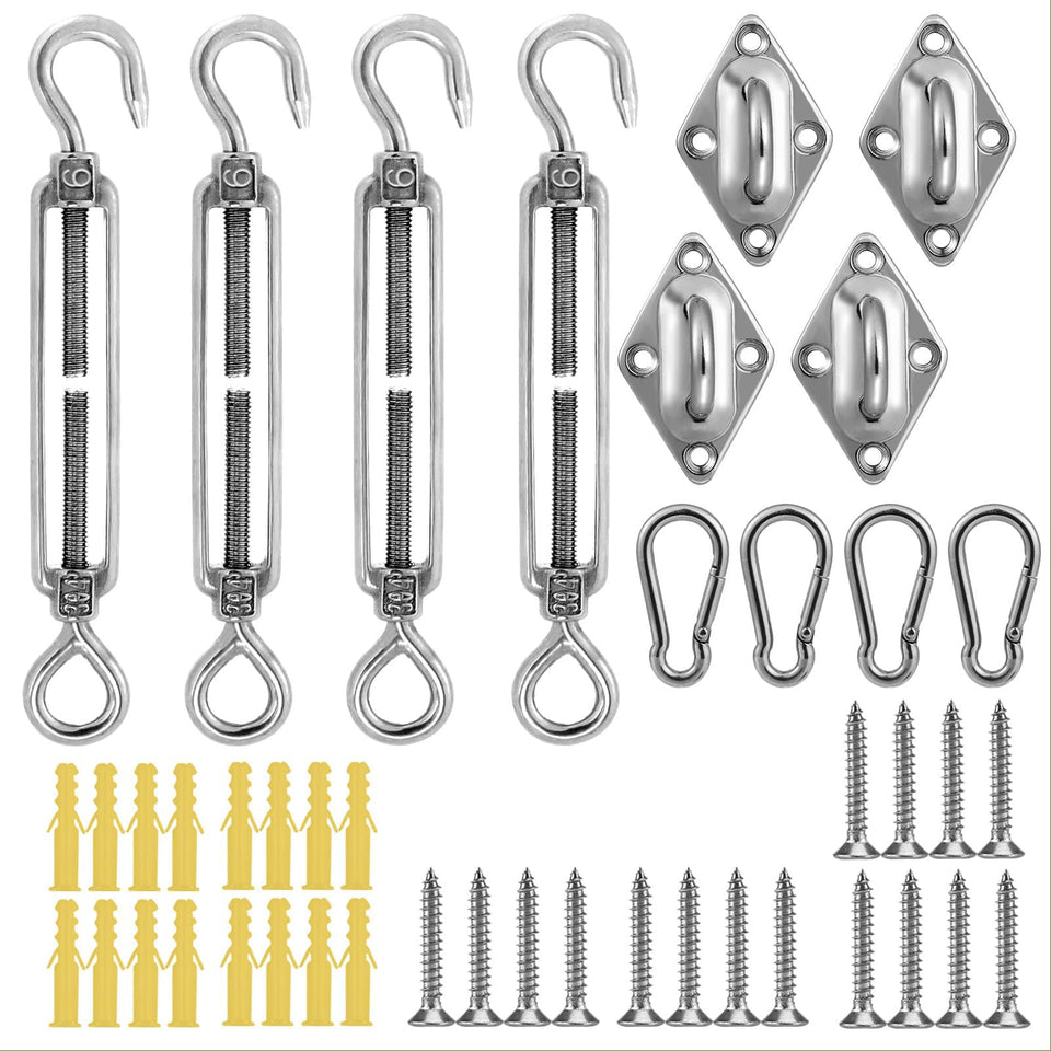 Cosweet sun shade hardware kit packaging shows all parts for quick outdoor installation.