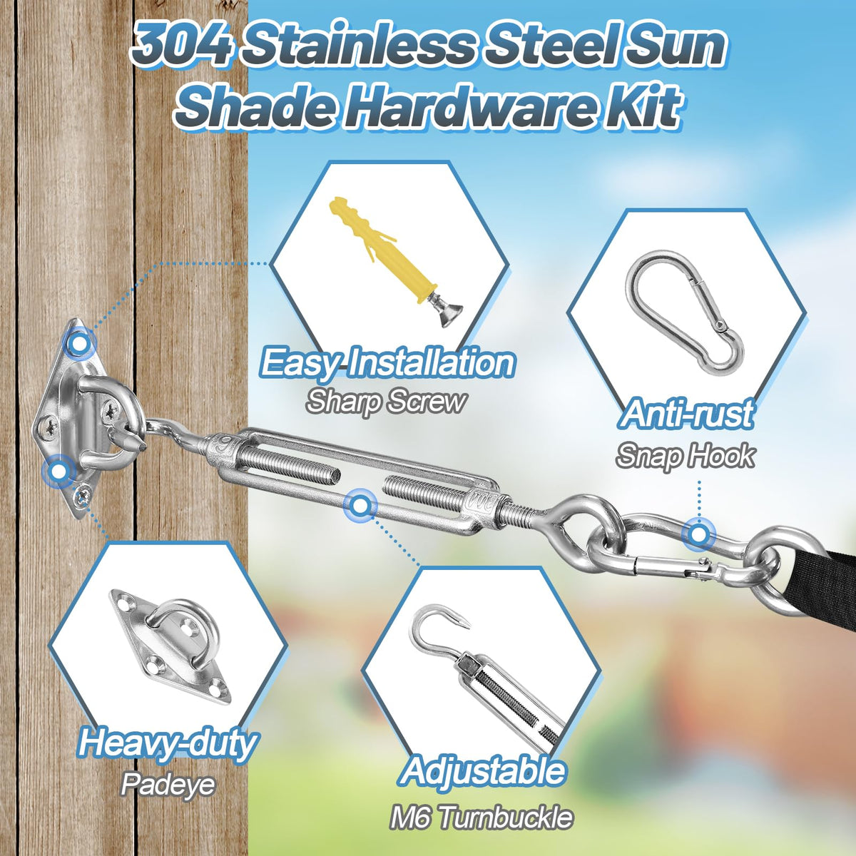 Cosweet turnbuckle usage shows adjustable tension for taut shade sails.