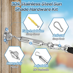 Cosweet turnbuckle usage shows adjustable tension for taut shade sails.