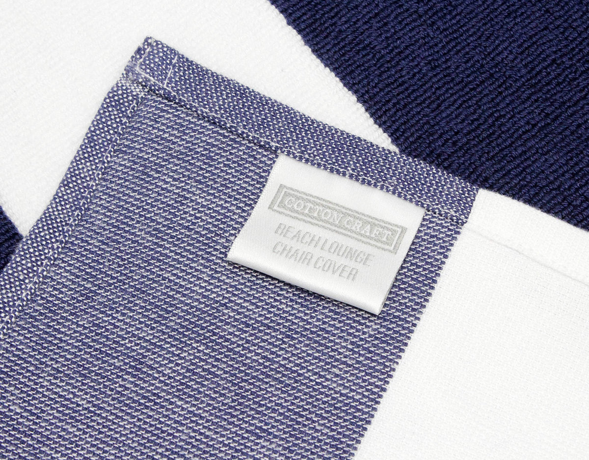 Cotton Craft navy-white cabana stripe close-up showcases durable fabric.