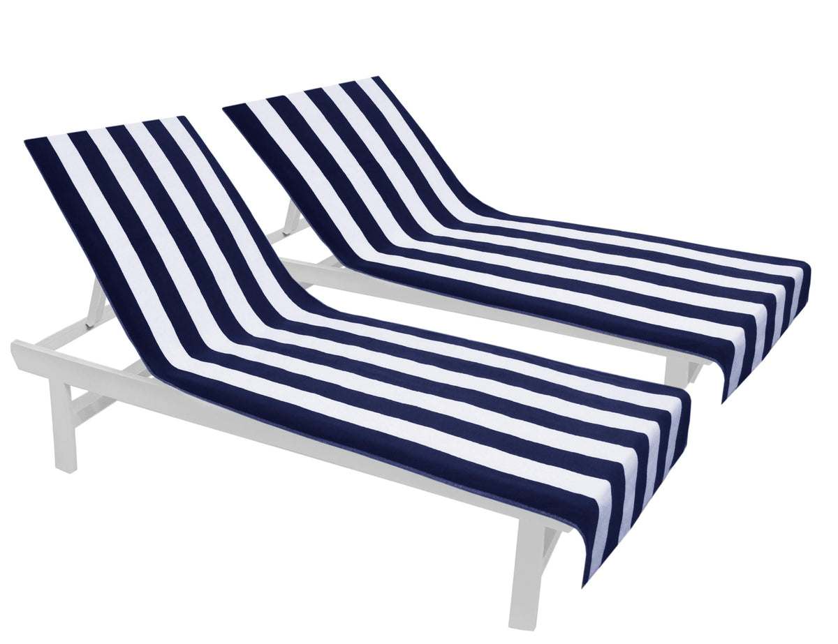 Cotton Craft pool lounge chair cover two-pack seen from front for comfortable beach lounging.