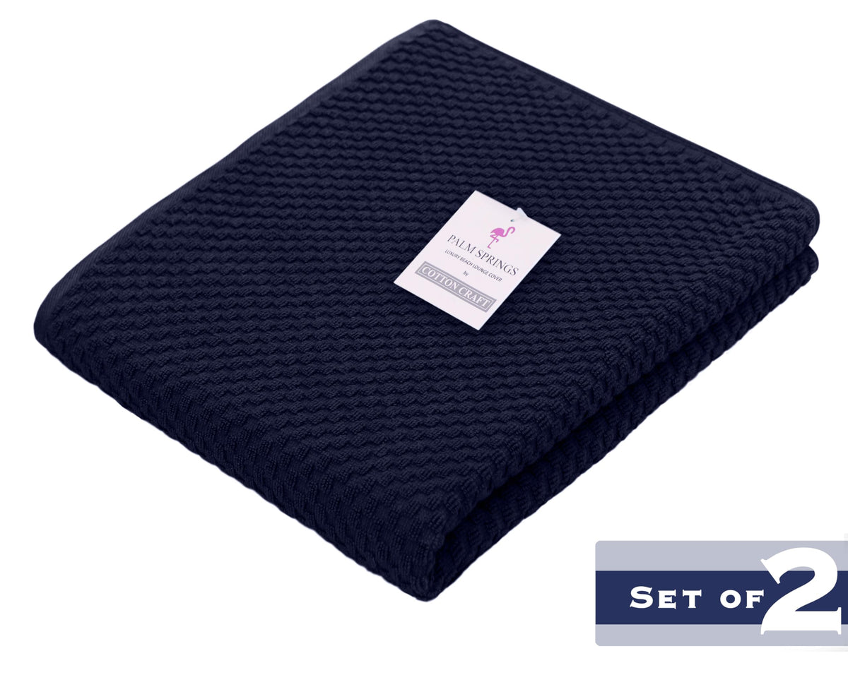 COTTON CRAFT waffle-weave lounge cover in navy with quick-dry performance.