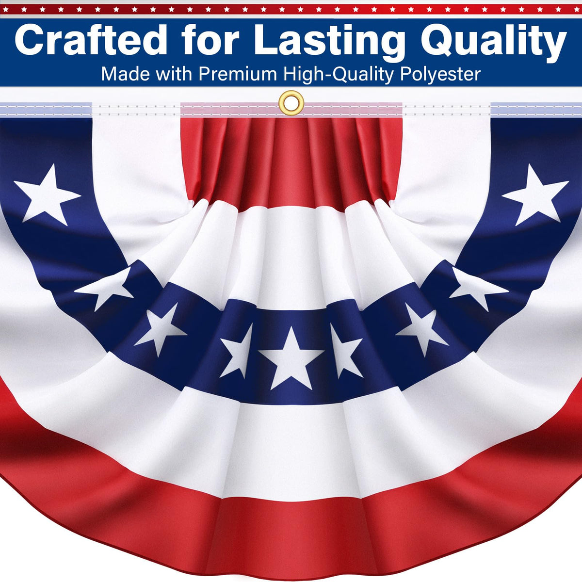 Couah red-white-blue pleated flag closeup shows durable stitching.