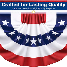 Couah red-white-blue pleated flag closeup shows durable stitching.