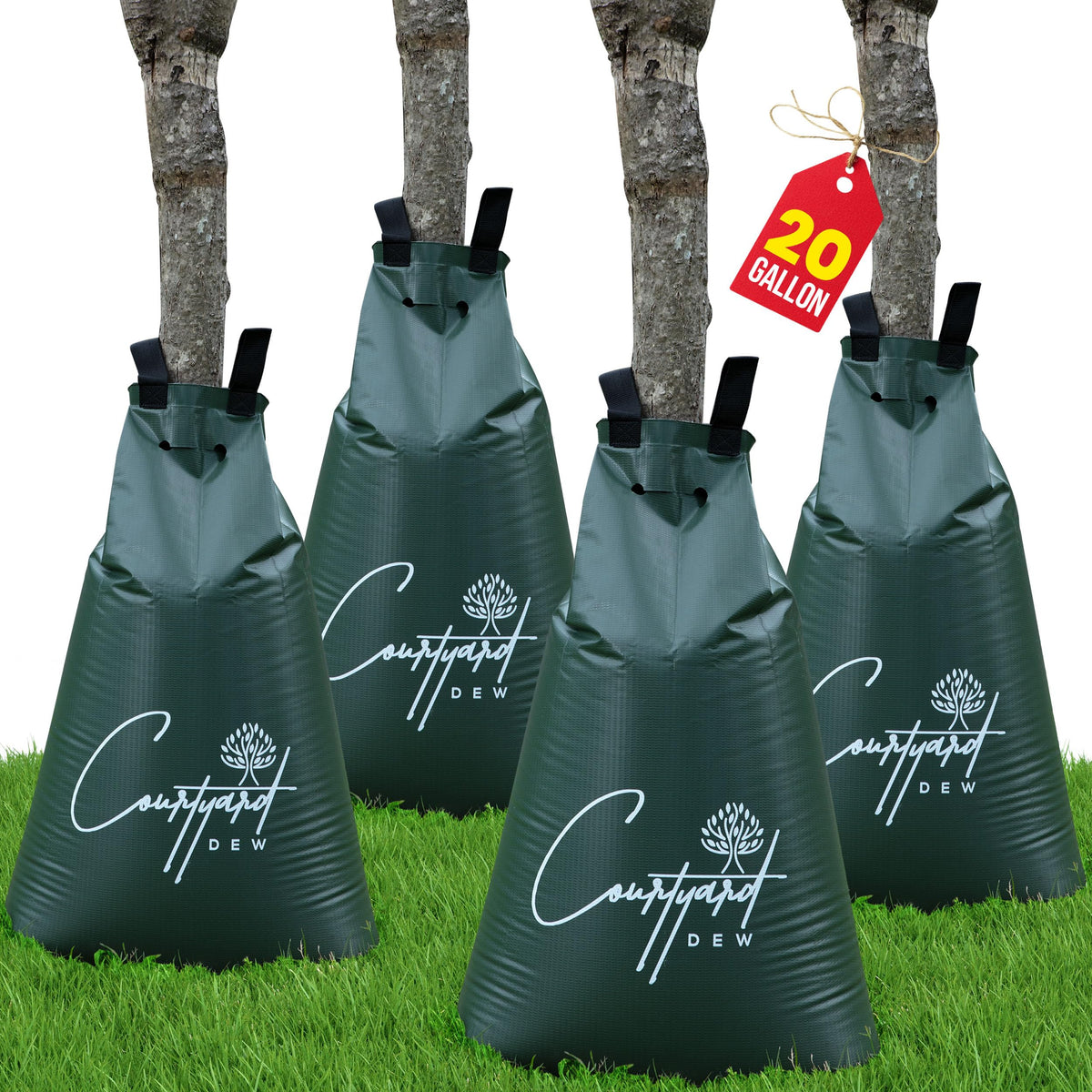 Courtyard Dew tree watering bag 20-gallon setup for slow-release hydration around the trunk.